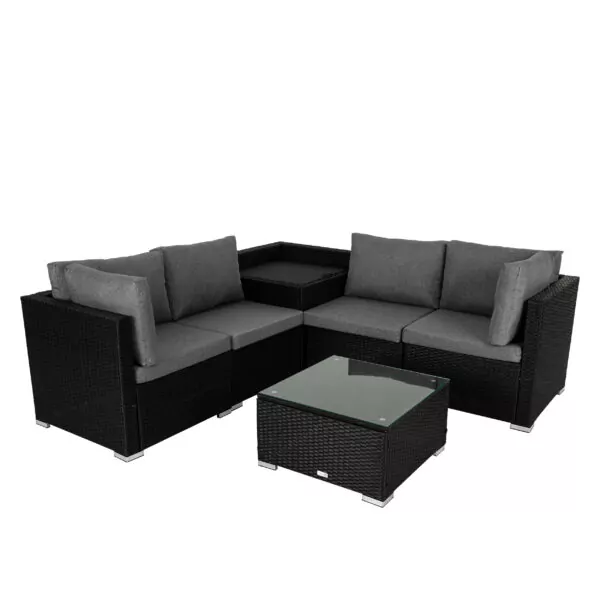 6PCS Rattan Garden Corner Sofa Set with Storage - Black
