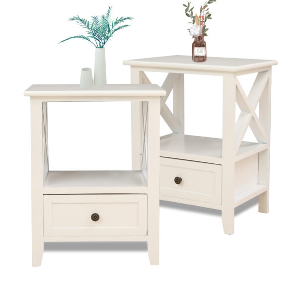 2-tier Bedside Table with Storage Drawer 2 PC - Rustic White