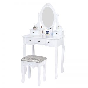 Carved Dressing Vanity Table Set with Mirror & Stool- White
