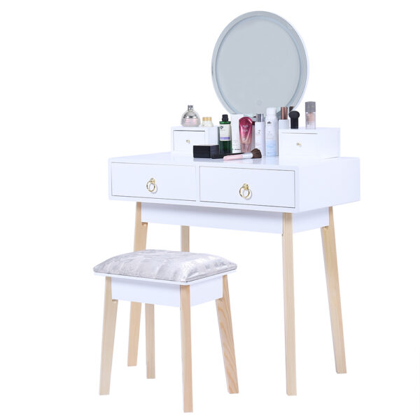 Dressing Vanity Table Stool Set with Make-up LED Lighted Mirror - White