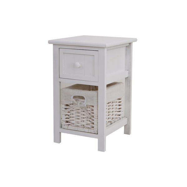 Chic Bedside Table Cabinet Unit Table with Wicker Basket Storage Drawers-White