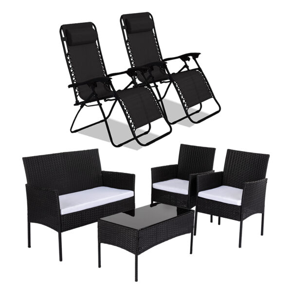 2 x Zero Gravity Chairs + 4 Seater Wicker Garden Sofa Set Table and Chair-Black