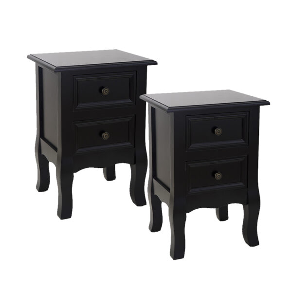 French Bedside Table Night Stand with Drawers Set of 2 - Black