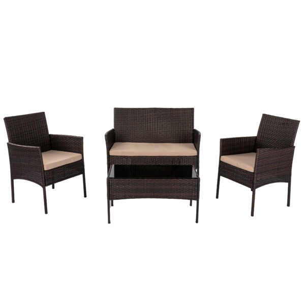 4 Seater Wicker Outdoor Lounge Set - Brown Wicker Beige Cushion